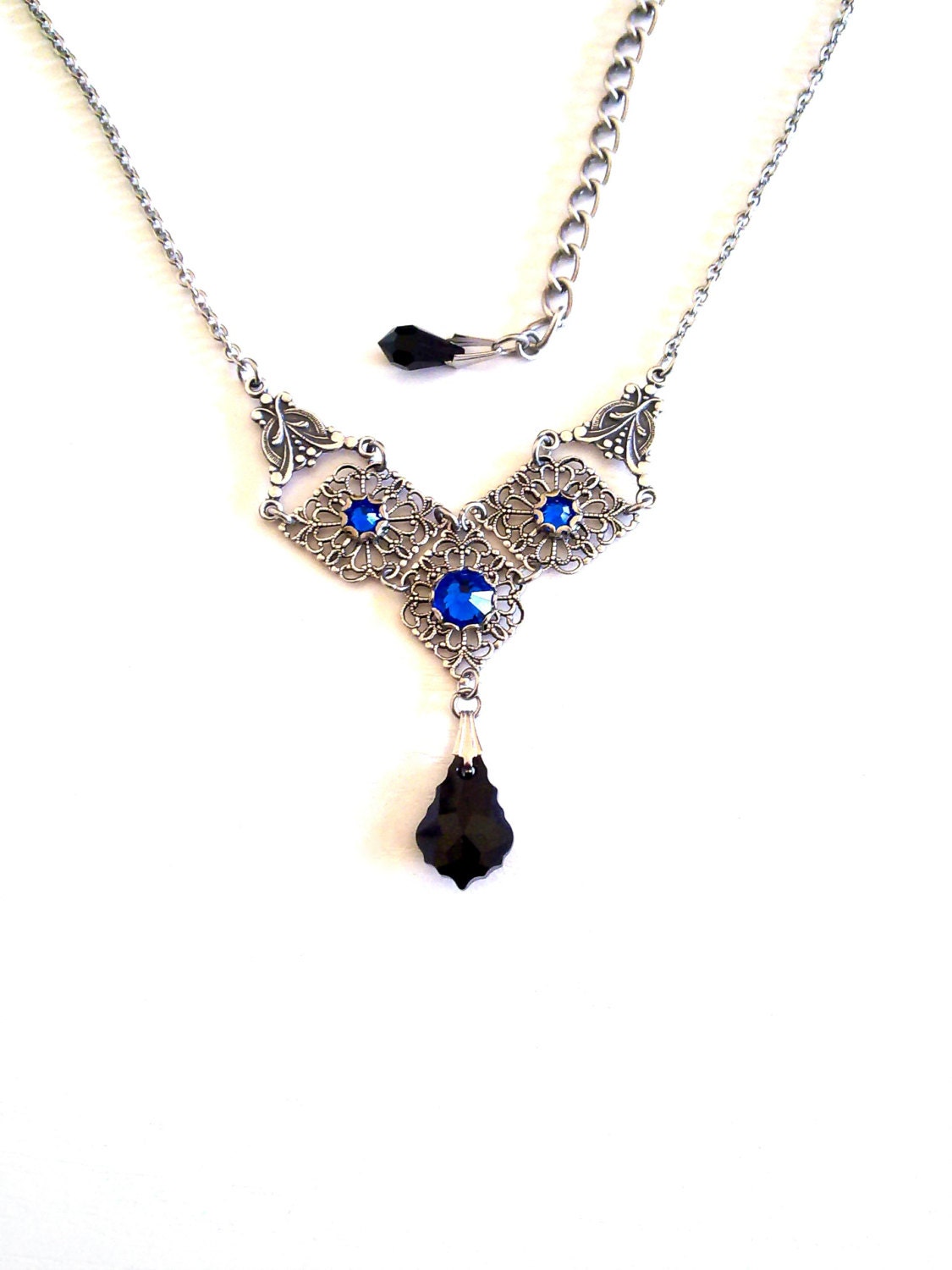 Victorian Gothic Filigree Necklace with Black & Blue Swarovski