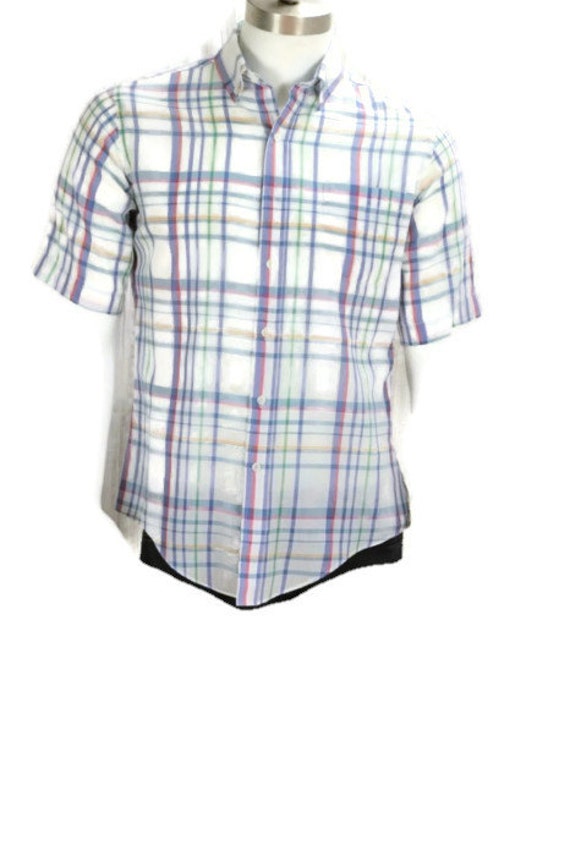 80s Mens shirt plaid Button up Short sleeve shirt fitted Blue