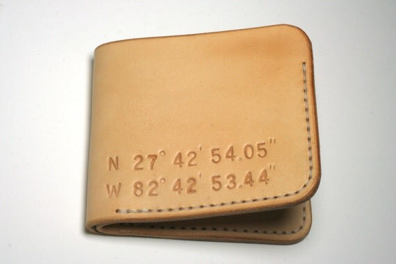 Handmade Personalized Leather Wallet. Wedding Coordinates.