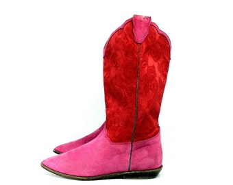 Pink Leather Cowboy Boots 7 - Western Riding Boots 7 - Red Lace