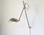 Brass and Steel Industrial Lamp - Scissor Pharmacy Articulating Boom Wall Light - Brass & Steel Lamp - Gas Station Gray Parabolic Shade