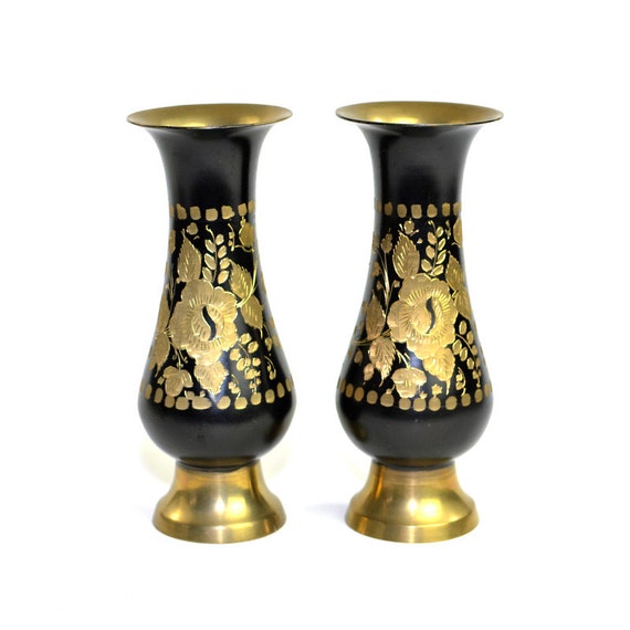 Brass & Black Enamel Vases Made in India Set of 2 Hand