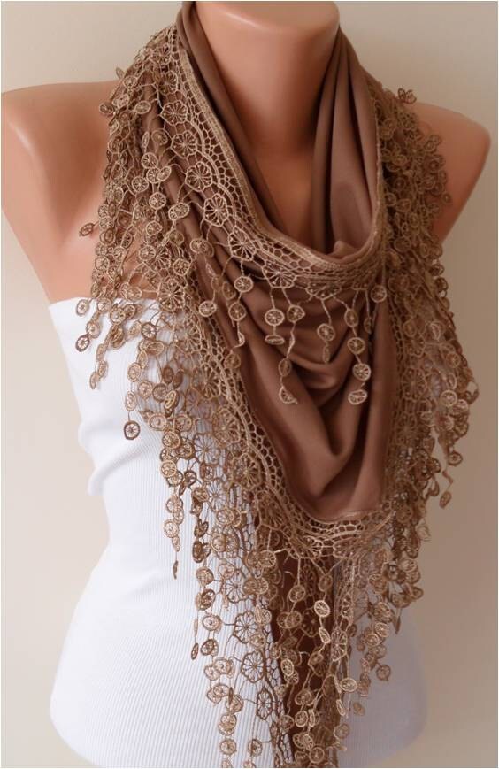 Scarf Shawl Light Brown Cotton Scarf with Lace Edge by