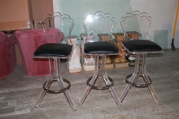 Vintage Set of 3 Barstools Bar Stools LUCITE Hollywood Regency Mid Century Modern Retro Shell Back Chairs Counter Chrome