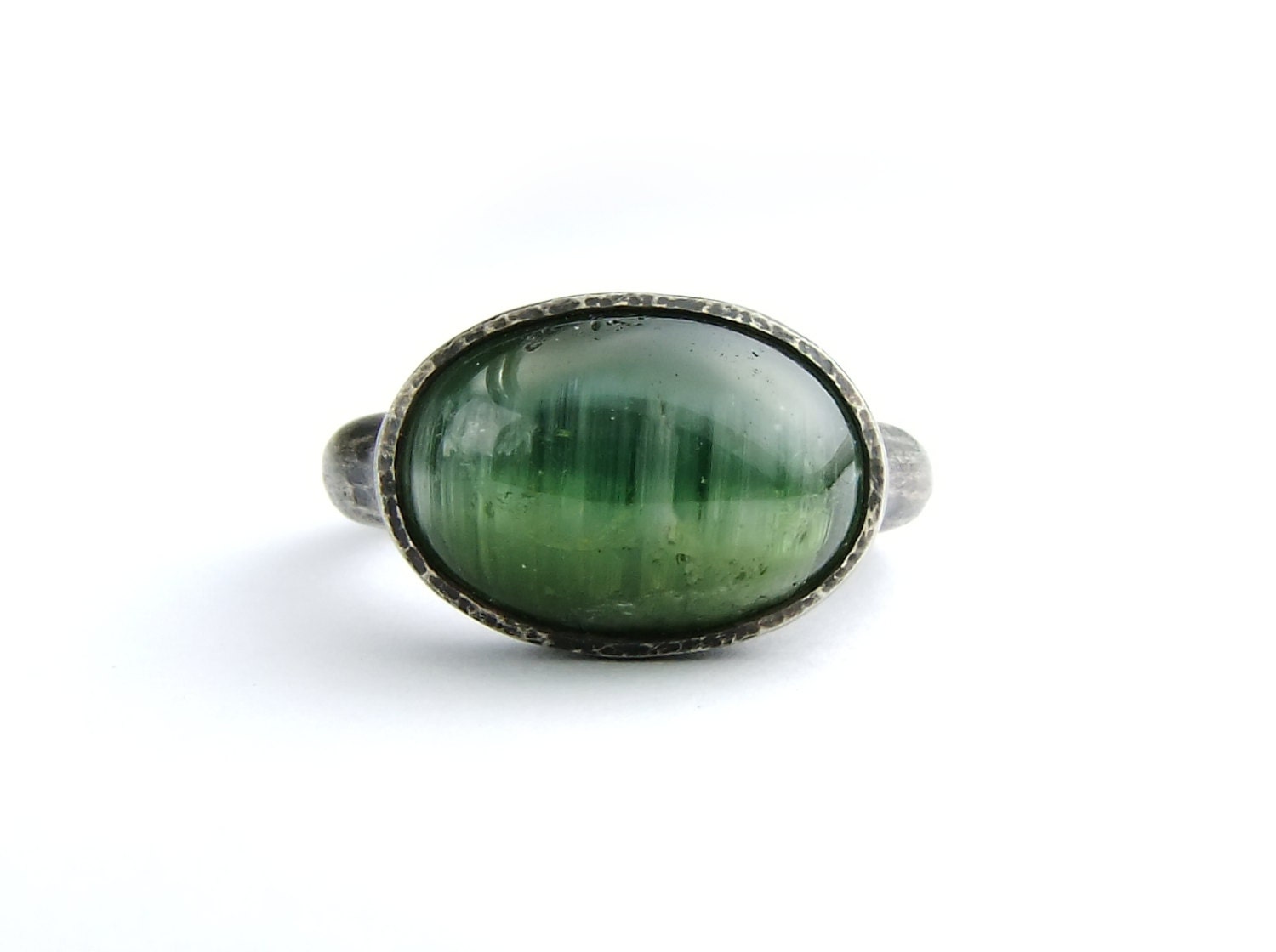 Green Tourmaline Cats Eye Silver Ring Green Gemstone Cab Ring