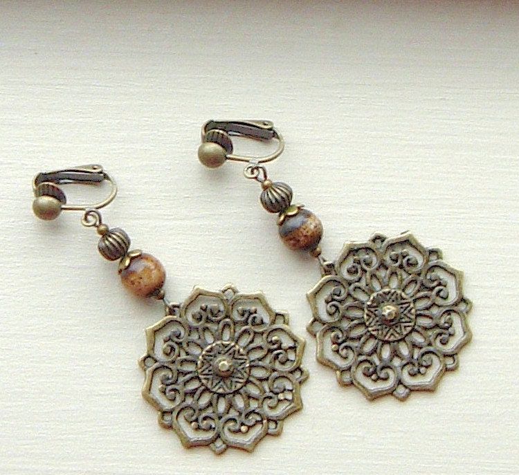 Bronze Dangle Clip On Earrings with an Ornate by FashionAbbey