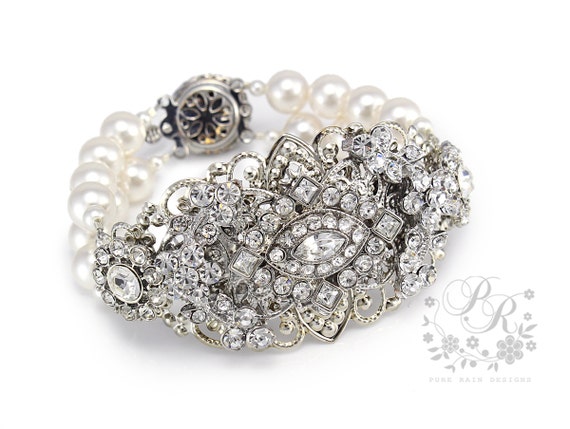 Wedding Bracelet Swarovski Pearl Rhinestone by PureRainDesigns