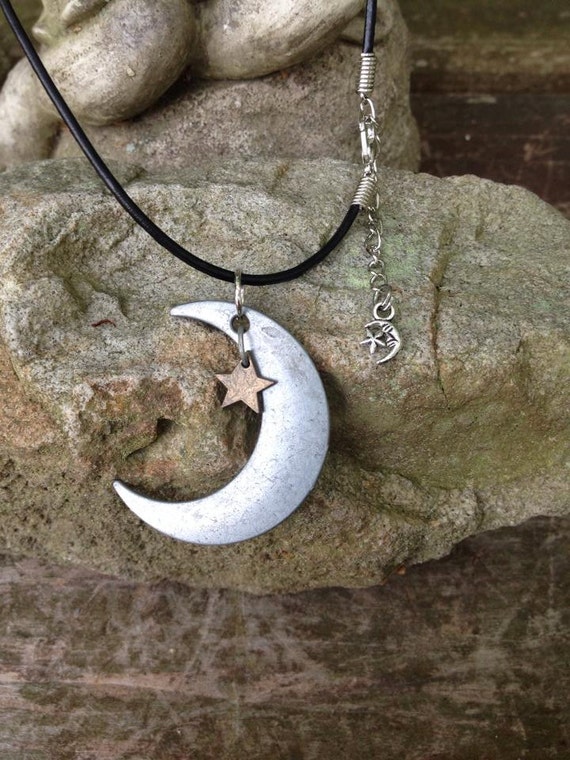 Celestial Half Moon with Star Necklace on a leather cord