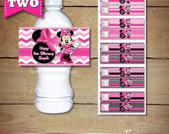 ANY SET of TWO Pink Polka Dot or Zebra Minnie Mouse Water Bottle Labels, Pink Printable Minnie Mouse Bottle Wrappers, DiY Bottle Labels