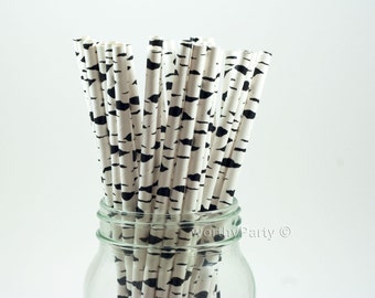 BIRCH Bark Black and White Party Paper Straws with Free Printable DIY Flags (25 count)