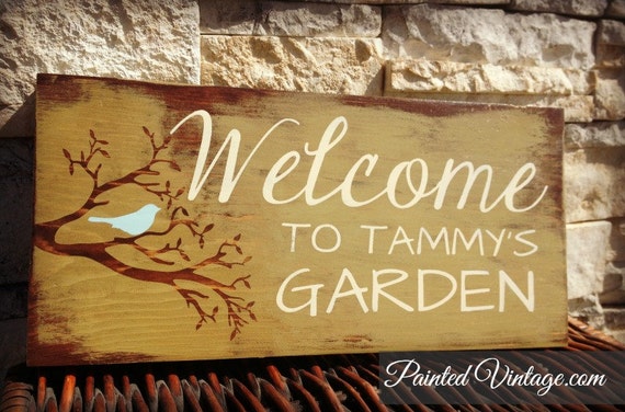 Garden Sign Personalized Welcome Sign by PaintedVintageDecor