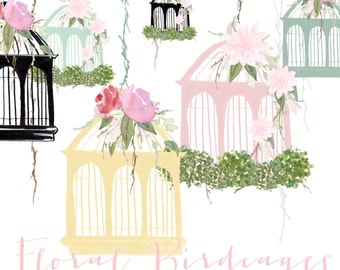 Watercolour Birdcage Clip Art - Floral Birdcages