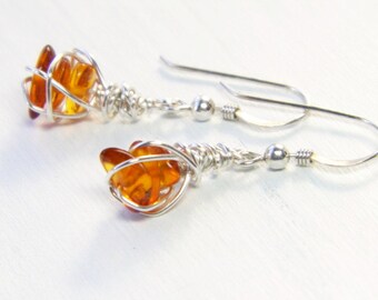 Baltic amber earrings - wire wrapped jewelry - petite dangle earrings - Gifts for Her