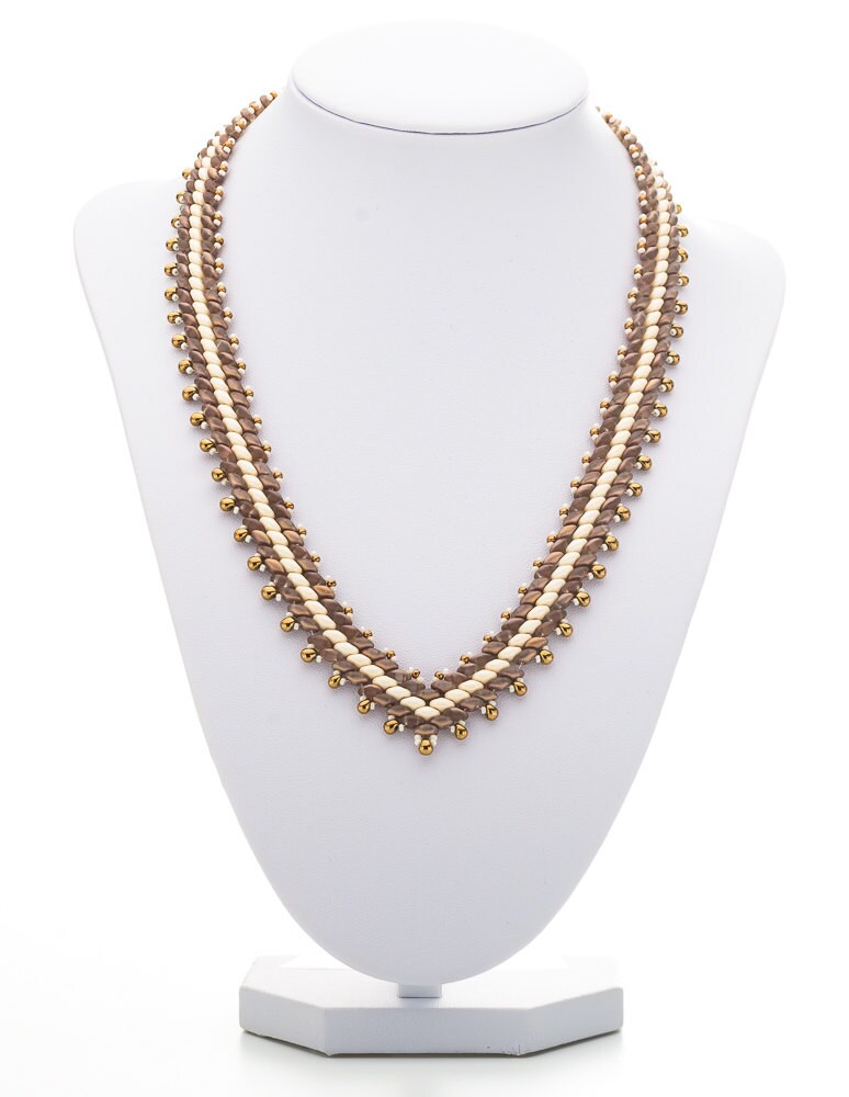 V Shaped Beaded Necklace Matte Gold and Cream Necklace