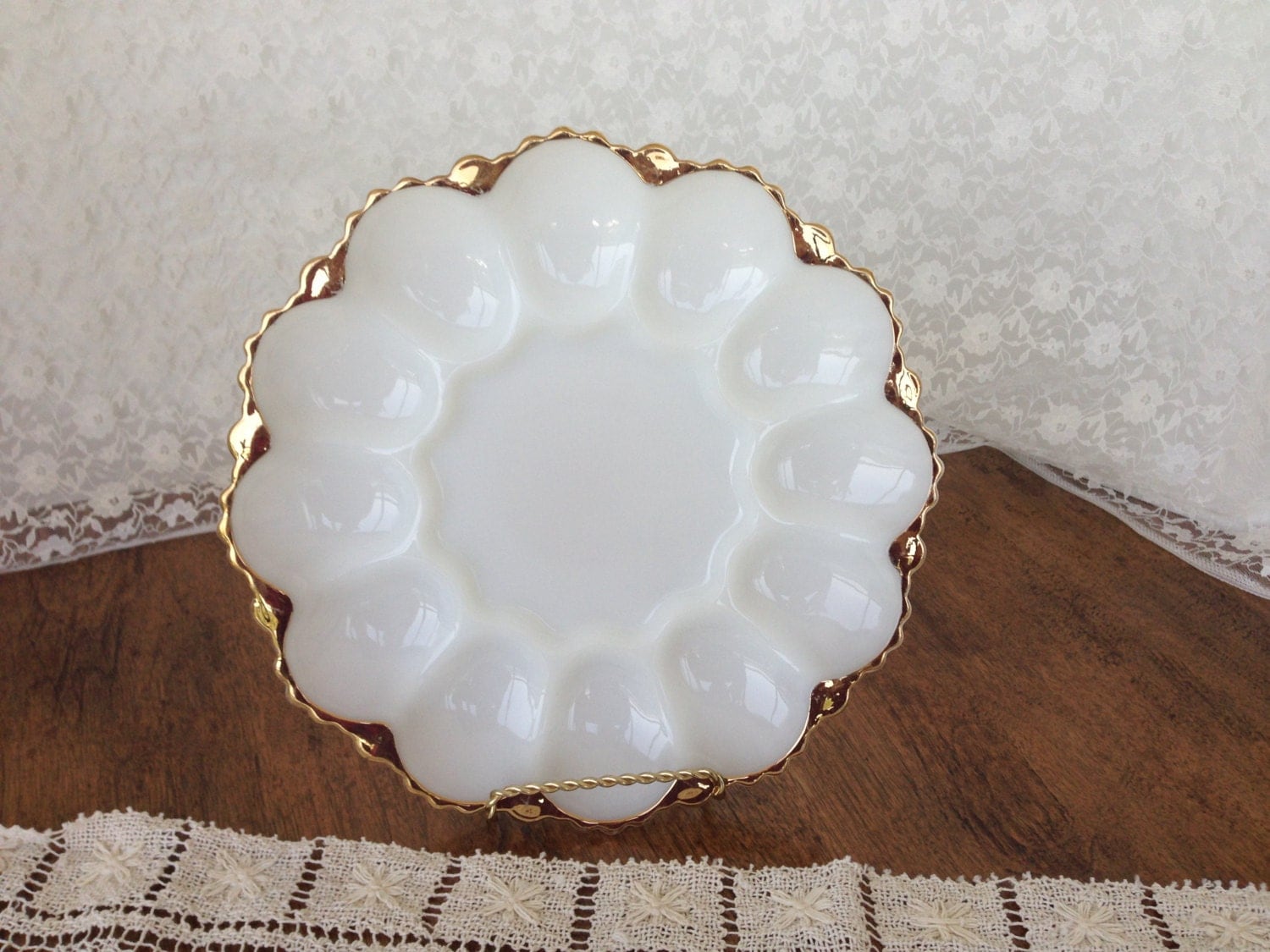 Milk glass egg serving plate with gold trim Haute Juice