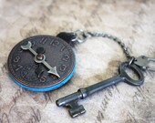 Kids educational analog pocket watch keychain with a real antique key  -Grandma's trinket series-