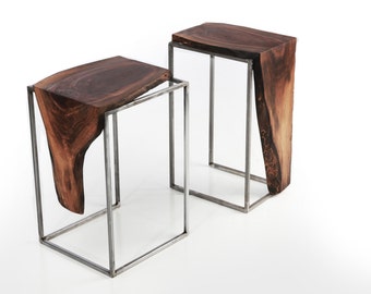 Set of 2 Side Tables - Solid Black Walnut, Live Edge Top with Raw Brushed Metal Base