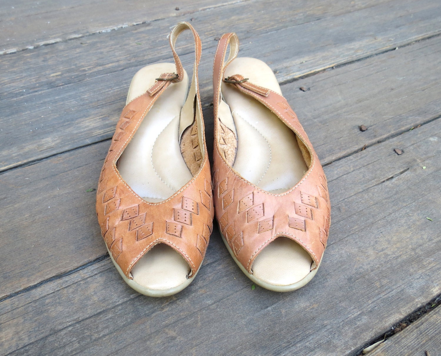 Woven Leather Wedge Heel Sandals 70s 1970s Peep Toe Slingback