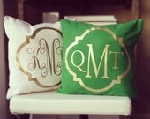 Monogram Throw Pillow Cover - Kelly Green Metallic Gold or Silver Monogram