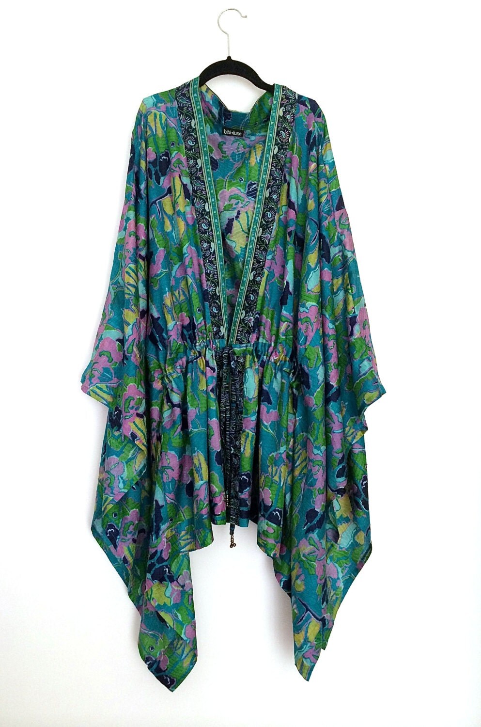 Silk kaftan top beach cover up kimono jacket teal green