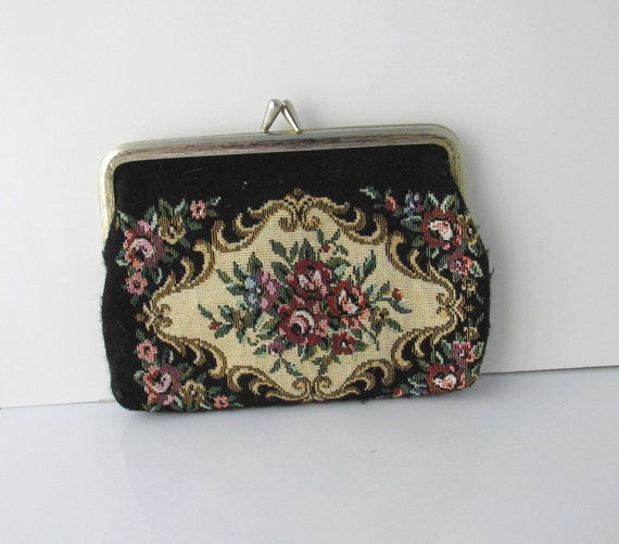 Floral Black Tapestry Coin Purse Vintage 1960s