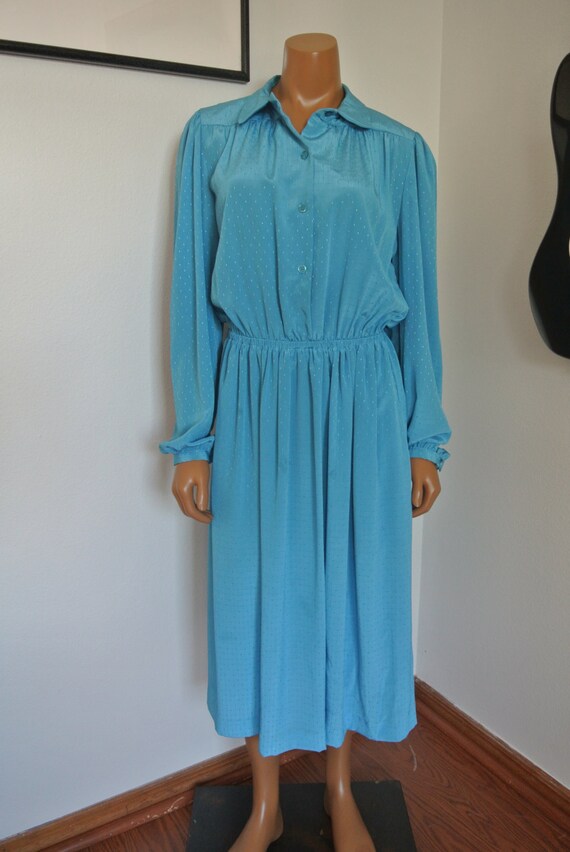 Vintage 1980s Halston Dress Blue Satin Day Dress Career S / M