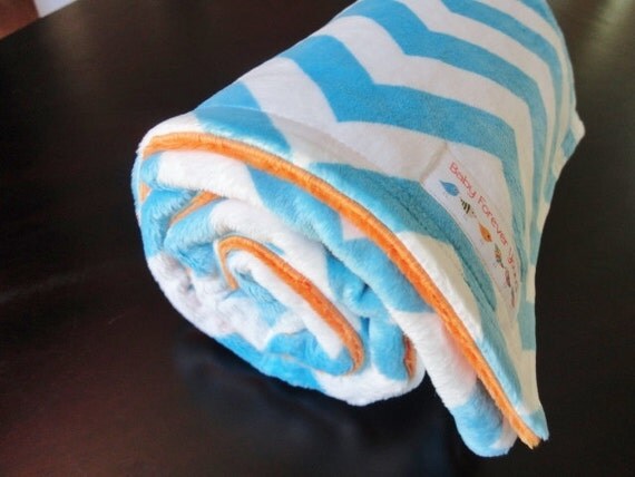 Minky Baby Blanket Turquoise Chevron & Orange by BabyForeverYoung
