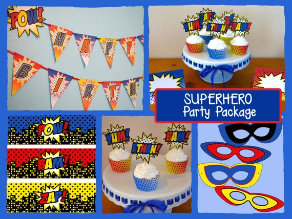 Superhero Birthday Party PACKAGE Printable - Birthday Banner, Cupcake ...