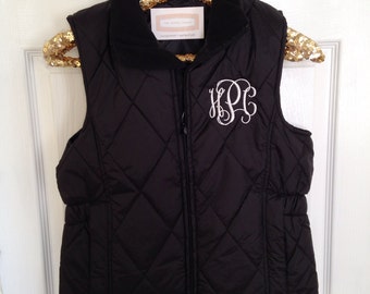SALE Monogrammed Puffer Vest, Monogrammed Quilted Vest, Black Monogrammed Vest, Monogram Vest