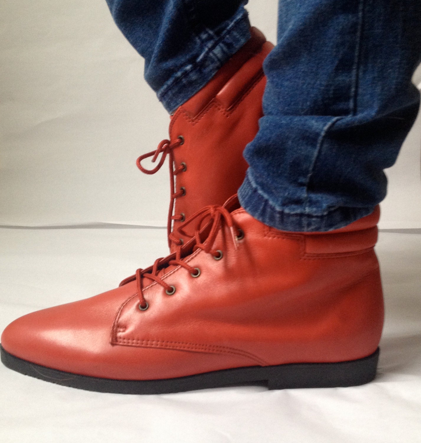 Vintage 90s Red Leather Lace-up Ankle Boots