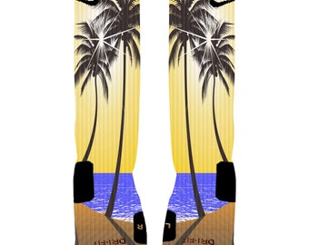 Custom Beach with Palm Trees and Sunset Socks Custom Nike Elite Socks