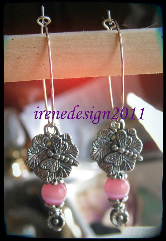 Handmade Silver Hoop Earrings with Pink Cat Eye, Dragonfly & Flower by IreneDesign2011