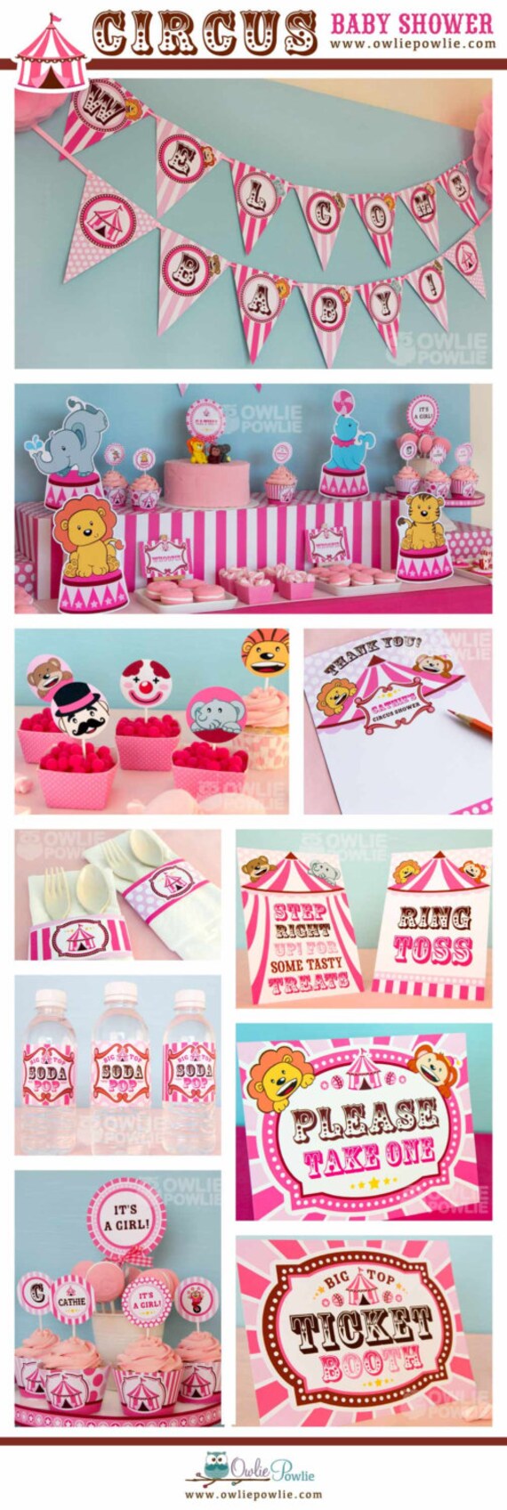 Vintage Pink Circus BABY Shower Party Printable Package & Invitation, INSTANT DOWNLOAD, You Edit Yourself with Adobe Reader Il_570xn