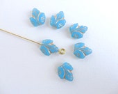 6 x 16x14mm Blue and Gold Czech Glass Beads, Blue Leaf Beads, Turquoise Leaf Beads, Blue and Gold Glass Beads LEA0014