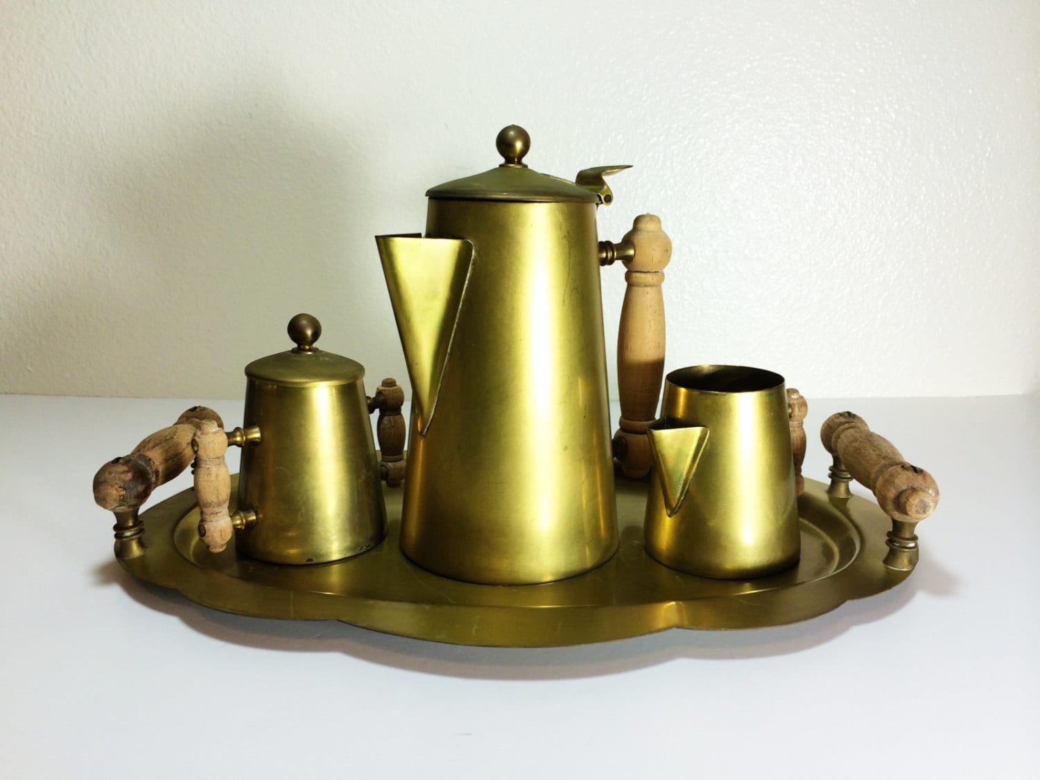 Vintage Brass Tea Set with Tray, marked “Brass by Blake” Haute Juice