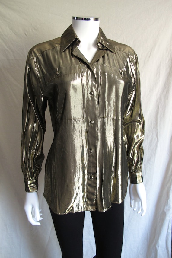Vintage 80s Women's Gold Metallic Shimmery Blouse by JaxFlashBax