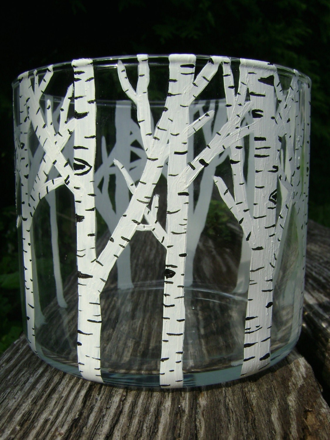 Birch Tree Glass Candle Holder hand painted recycled glass