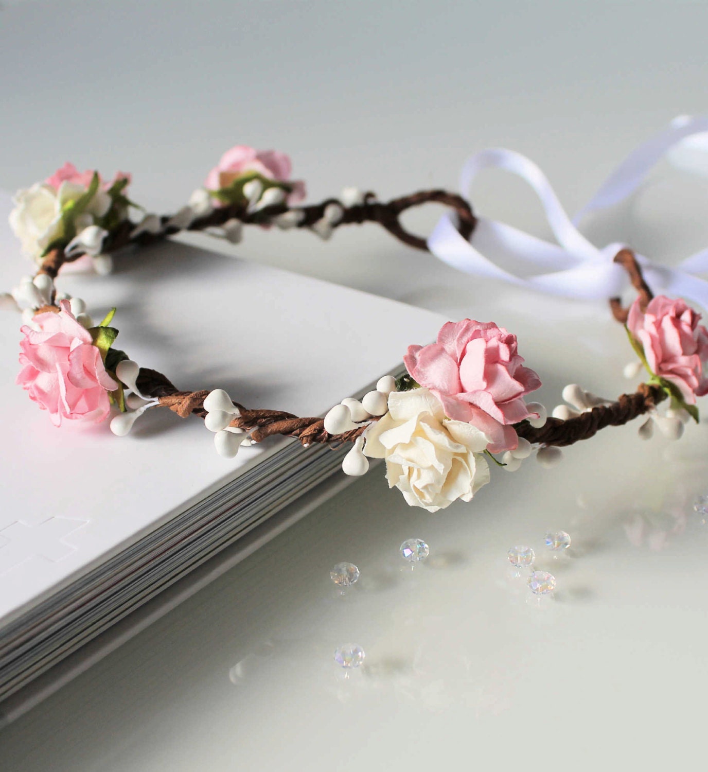 Pink Floral Crown Pale Pink and White Rose Flower by Flashfloozy
