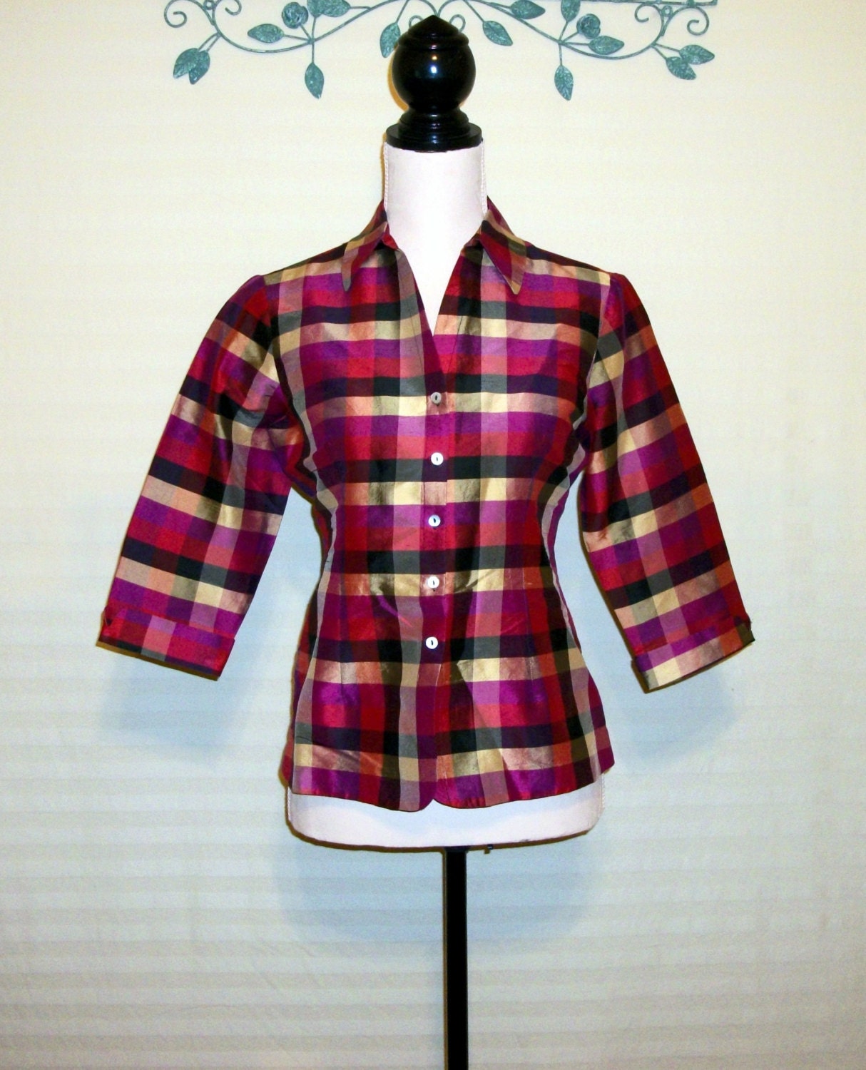 Plaid Blouse Silk Blouse Taffeta Blouse Pink Plaid Top Fall