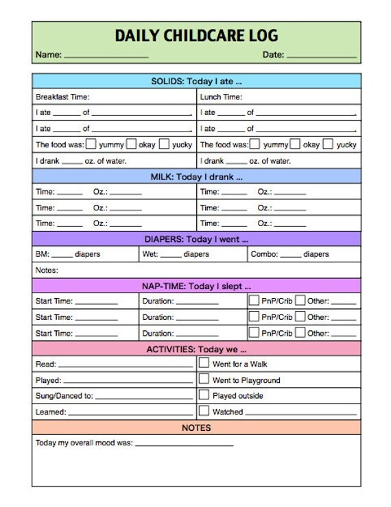 Daily Childcare Log For Infants And Toddlers Caregiver