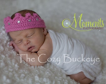 Dark Pink Newborn Crochet Princess Crown Headband with Ties & Jewels Photography Prop