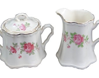 Sugar Bowl and Creamer in the Wild Rose pattern by Crooksville China Co.