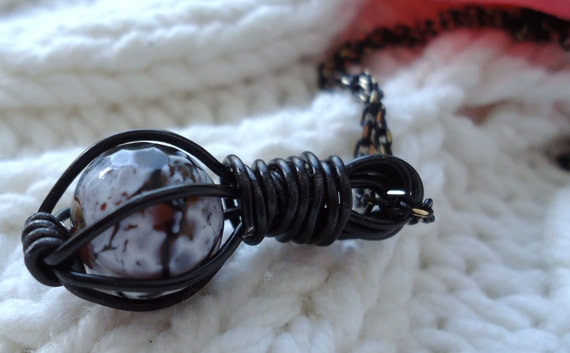 Caged Bead Pendant - Black Wire Pendant - Semi Precious Stone - Cracked Agate - Wire Wrapped - Spooky Jewelry - Halloween - Gothic Style