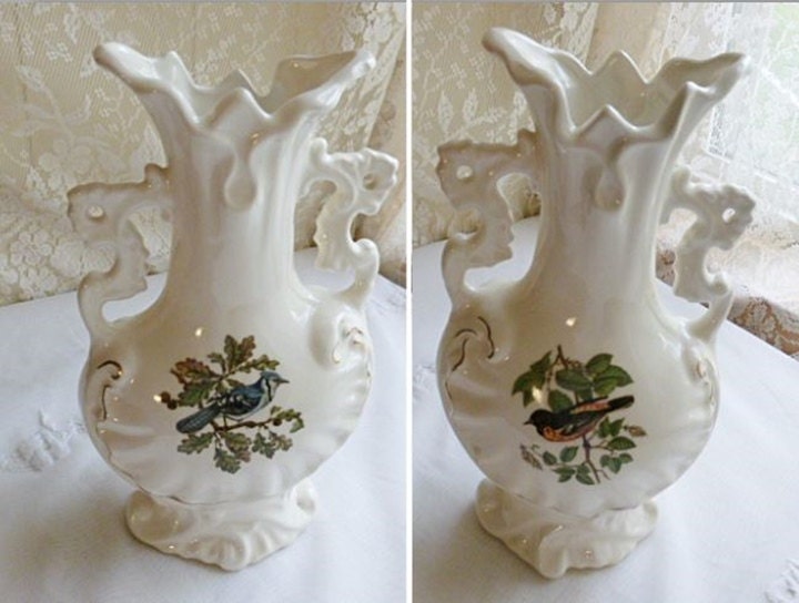 Vintage 2SIDED BIRD VASE Ceramic Blue Jay Gold Finch w/