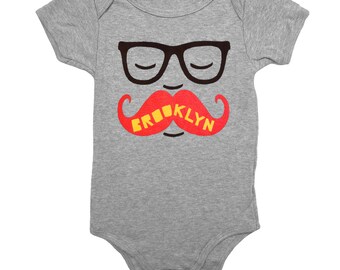 Brooklyn Mustache - Baby One Piece Bodysuit New York Glasses Cute Adorable Funny Hipster Romper Jumper Grey Onesie