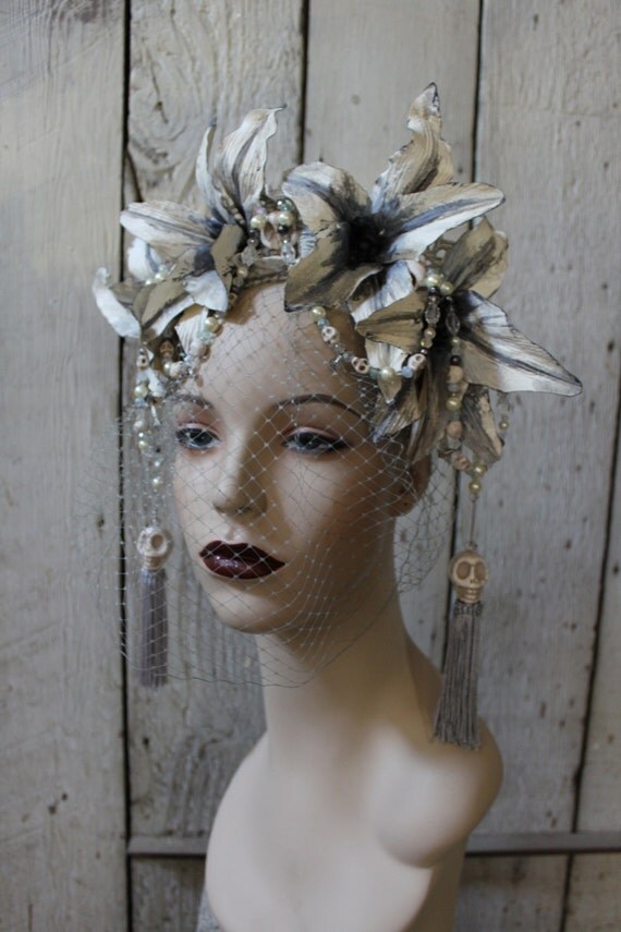 The Grey Lady Headdress of handpainted Grey Lilies Howlite