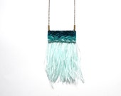 Hand embroidered Velvet Ostrich Feather Necklace / Electric Blue, Turquoise & Mint Blue / Embroidered Pendant Statement Necklace