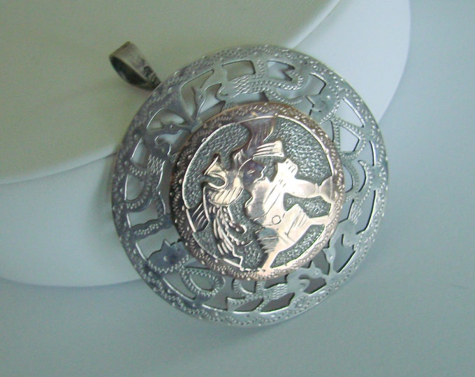 Coin Silver Designer Signed Aztec or Mayan Disc Brooch Pendant / Vintage Jewelry / Jewellery