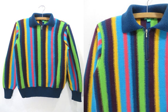 90s Rainbow Striped United Colors of Benetton Collared Sweater  Half 