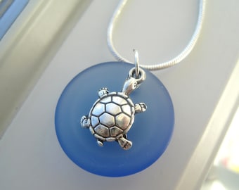 Sea Turtle Jewelry - Turtle Necklace - Blue Glass Necklace - Recycled Glass - Sea Animal Jewelry - Necklace and Earring Set